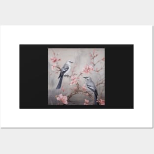 Grey and pink chinoiserie painting with birds and flowers Posters and Art